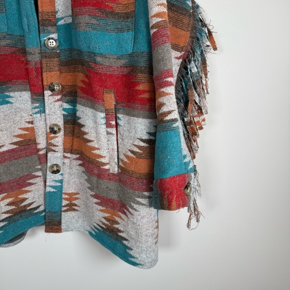 L.I.F.E. BOHO Southwestern Rodeo Button Up Down Shacket Jacket Fringe Medium - Picture 2 of 5